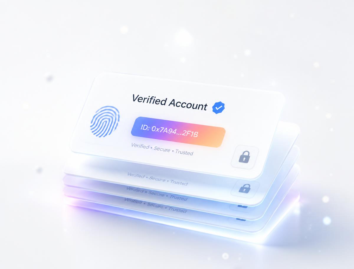 Stack of glowing verified account cards with fingerprint and padlock on white